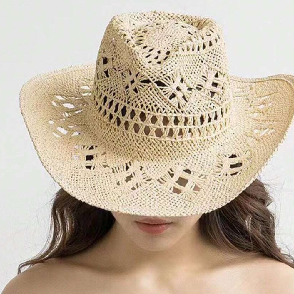 Boho Straw Western Cowboy Style Summer Hat - Picture 3 of 9